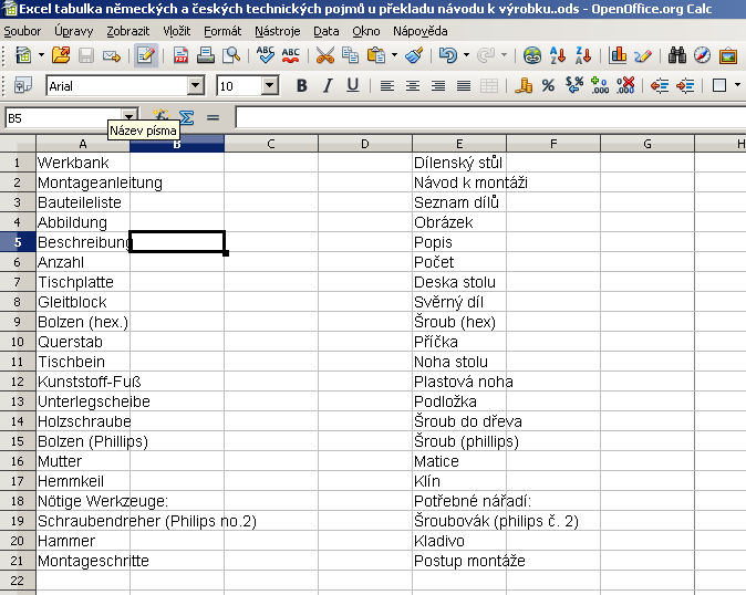 Obrázek excelové tabulky překlad technických pojmů z německého jazyka.