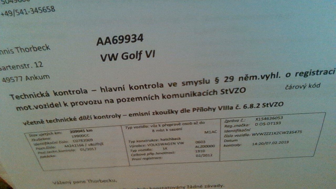 Překlad technické kontroly z němčiny / VW Golf 6